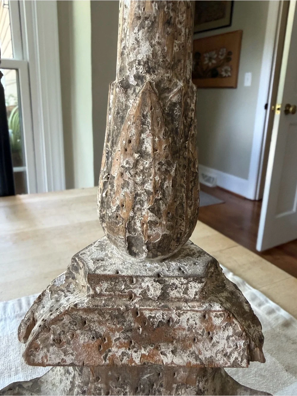 Antique Baroque Hand Carved Whitewashed Wooden Candlestick